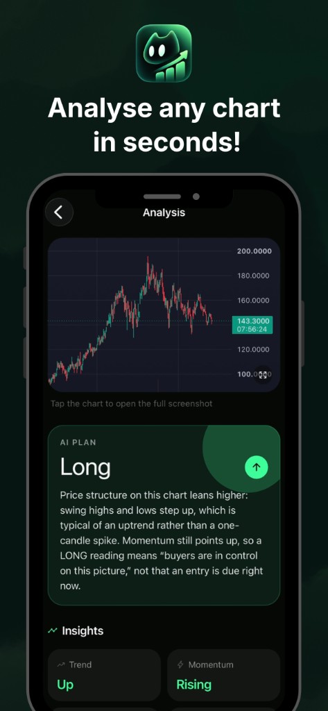 Chart Scanner Ai analysis screen with a Long AI plan on a candlestick chart