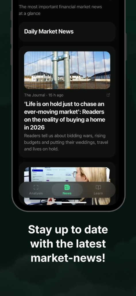Daily Market News in Chart Scanner Ai with headlines and the floating tab bar